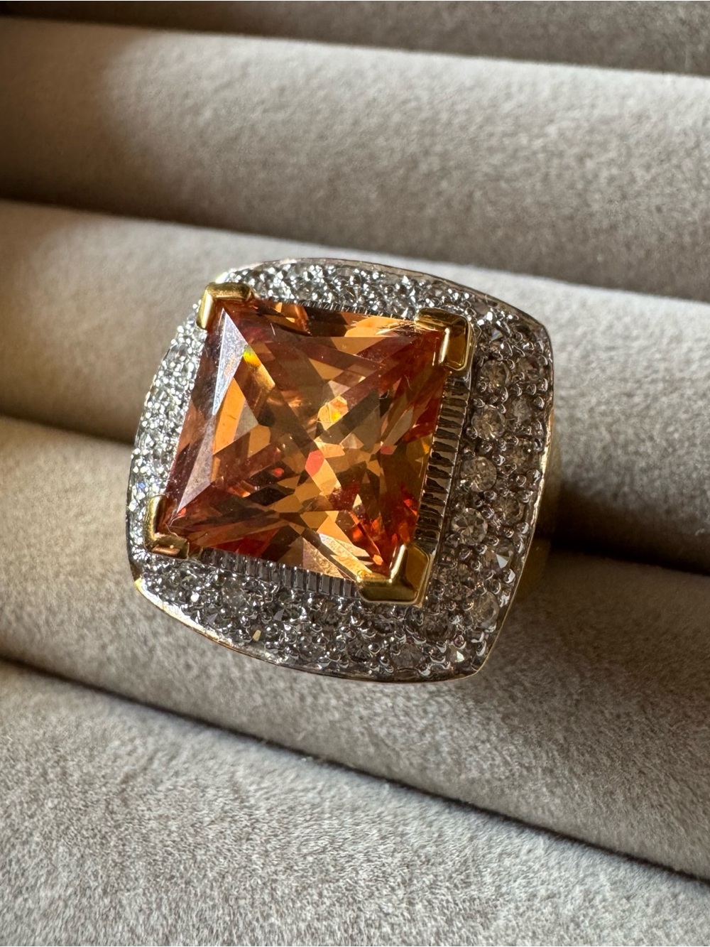 Golden Citrine CZ 925 Sterling Silver Two-Tone Statement Ring Size 7